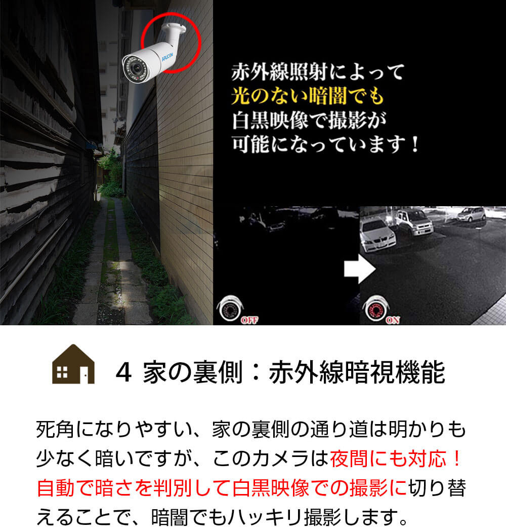 家の裏側、赤外線暗視機能