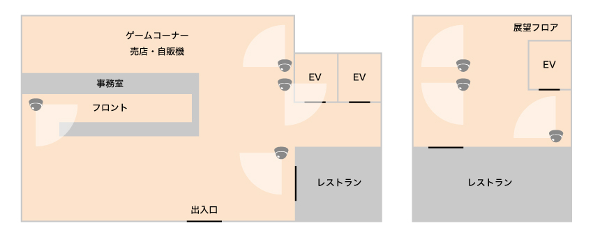 ホテルのラウンジと展望フロアに防犯カメラを設置したいイメージ図