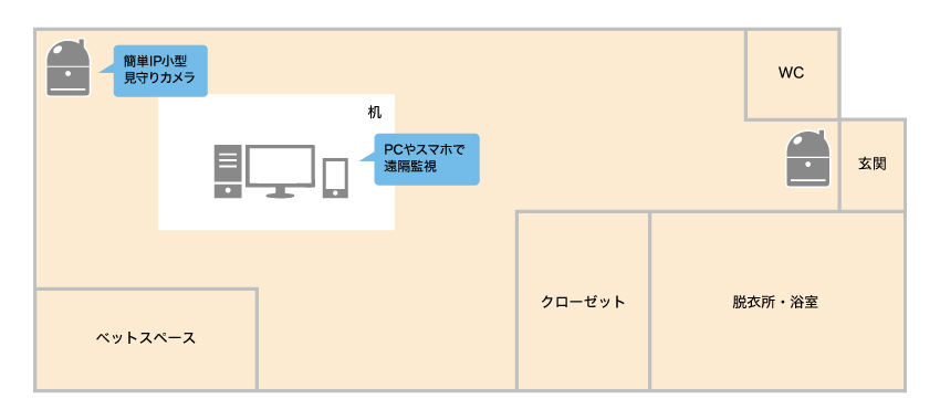 一人暮らしの自宅の簡単な防犯対策のためにカメラを設置したいイメージ図