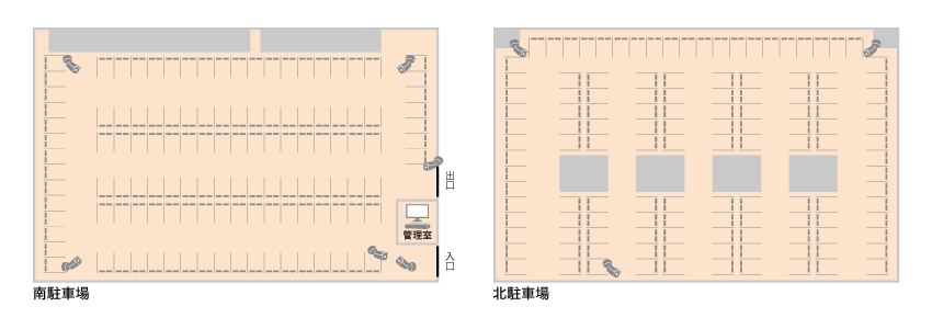 広範囲の駐車場で、車を逃さず撮影したいイメージ図