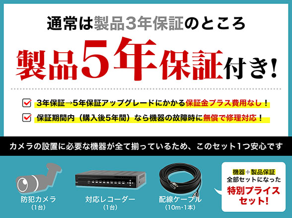 SET784-a AHDフルHD屋外防滴ドームカメラ1台+5年保証付きセット