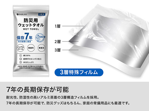 KO387 7年保存できる 防災用ウェットタオル 1枚入り RABLISS