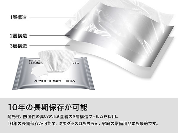 KO402 10年保存できる 防災用ウェットティッシュ 20枚入り×5個 RABLISS
