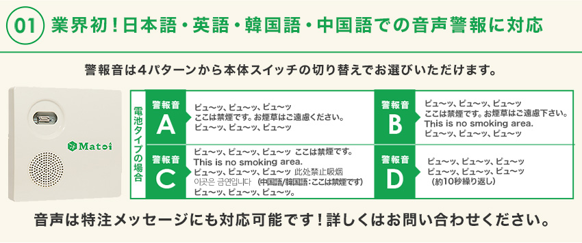 業界初！日本語・英語・韓国語・中国語の音声警報に対応