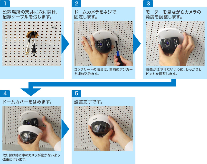 ドーム型カメラの設置方法の説明